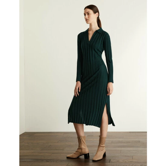JAEGER Tencel Blend Ribbed V-Neck Midi Shirt Dress Women Dark Green 7 JAEGER Tencel Blend Ribbed V-Neck Midi Shirt Dress Women Dark Green - Image 7