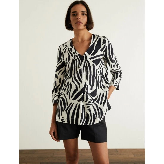 JAEGER Pure Linen Animal Print V-Neck Top Women Ivory Mix 6 JAEGER Pure Linen Animal Print V-Neck Top Women Ivory Mix - Image 6