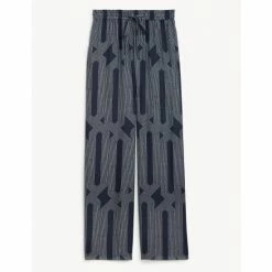 JAEGER Pure Silk Printed Wide Leg Trousers Women Navy