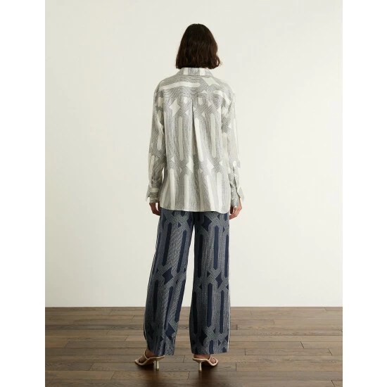 JAEGER Pure Silk Printed Wide Leg Trousers Women Navy 8 JAEGER Pure Silk Printed Wide Leg Trousers Women Navy - Image 8