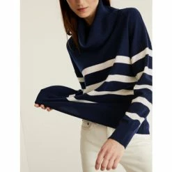 JAEGER Pure Cashmere Striped Cowl Neck Jumper Women White/navy -JAEGER Shop unnamed file 222
