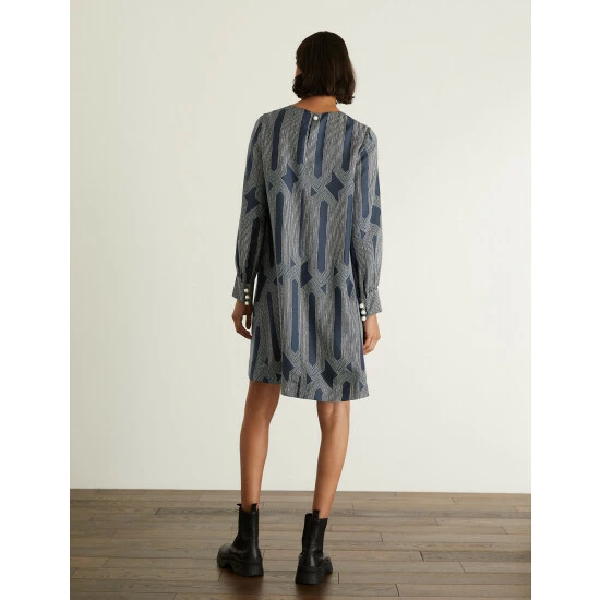 JAEGER Silk Rich Printed Mini Shift Dress Women Navy Mix 4 JAEGER Silk Rich Printed Mini Shift Dress Women Navy Mix - Image 4