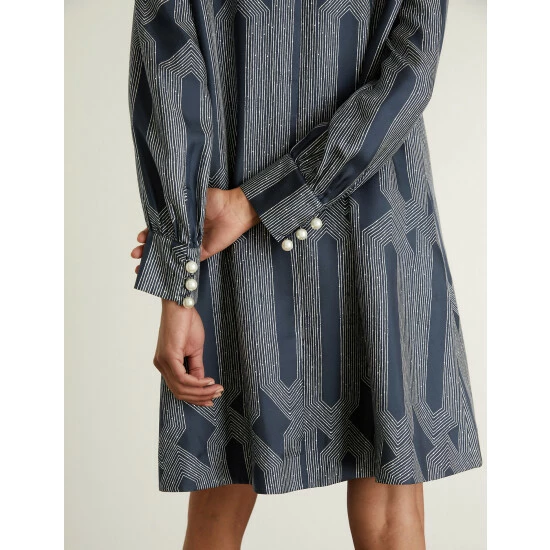 JAEGER Silk Rich Printed Mini Shift Dress Women Navy Mix 5 JAEGER Silk Rich Printed Mini Shift Dress Women Navy Mix - Image 5