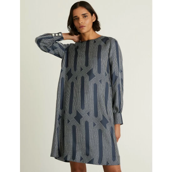 JAEGER Silk Rich Printed Mini Shift Dress Women Navy Mix 7 JAEGER Silk Rich Printed Mini Shift Dress Women Navy Mix - Image 7