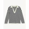 JAEGER Pure Merino Wool Striped Polo Neck Jumper Women Navy/white