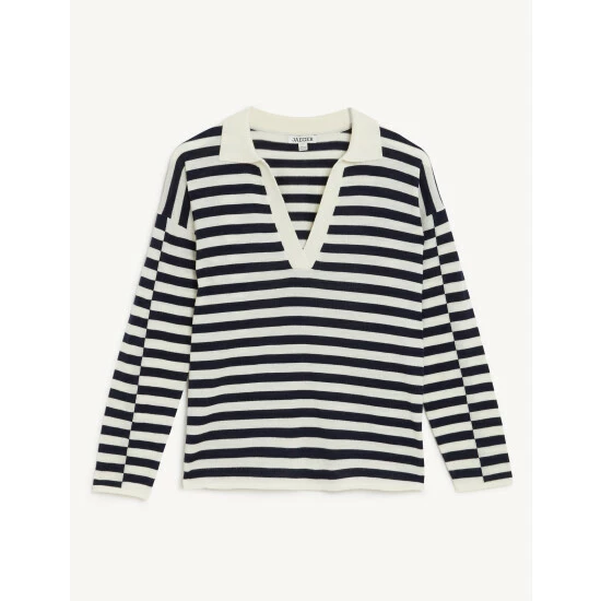 JAEGER Pure Merino Wool Striped Polo Neck Jumper Women Navy/white 1 JAEGER Pure Merino Wool Striped Polo Neck Jumper Women Navy/white