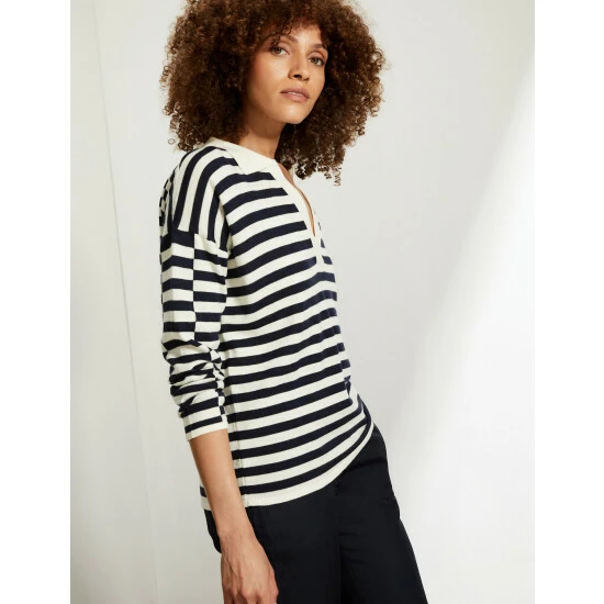 JAEGER Pure Merino Wool Striped Polo Neck Jumper Women Navy/white 2 JAEGER Pure Merino Wool Striped Polo Neck Jumper Women Navy/white - Image 2