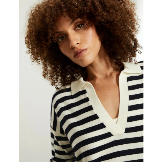 JAEGER Pure Merino Wool Striped Polo Neck Jumper Women Navy/white 4 JAEGER Pure Merino Wool Striped Polo Neck Jumper Women Navy/white - Image 4