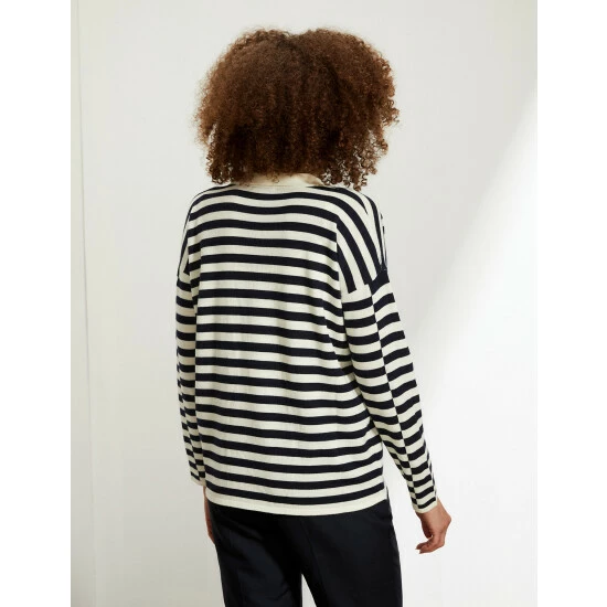 JAEGER Pure Merino Wool Striped Polo Neck Jumper Women Navy/white 5 JAEGER Pure Merino Wool Striped Polo Neck Jumper Women Navy/white - Image 5