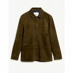 JAEGER Suede Leather Utility Jacket Men Olive