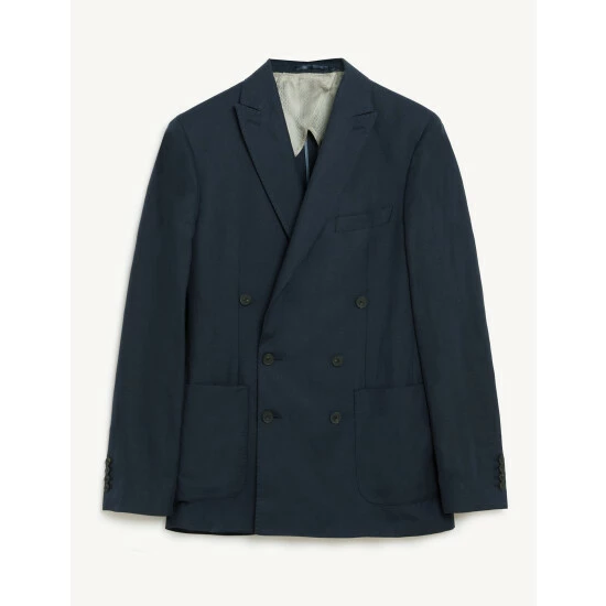 JAEGER Tailored Fit Silk And Linen Double Breasted Jacket Men Navy 1 JAEGER Tailored Fit Silk And Linen Double Breasted Jacket Men Navy