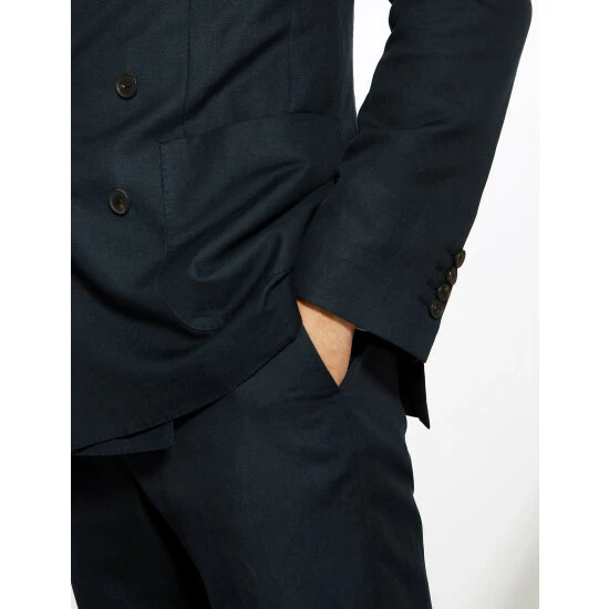 JAEGER Tailored Fit Silk And Linen Double Breasted Jacket Men Navy 4 JAEGER Tailored Fit Silk And Linen Double Breasted Jacket Men Navy - Image 4