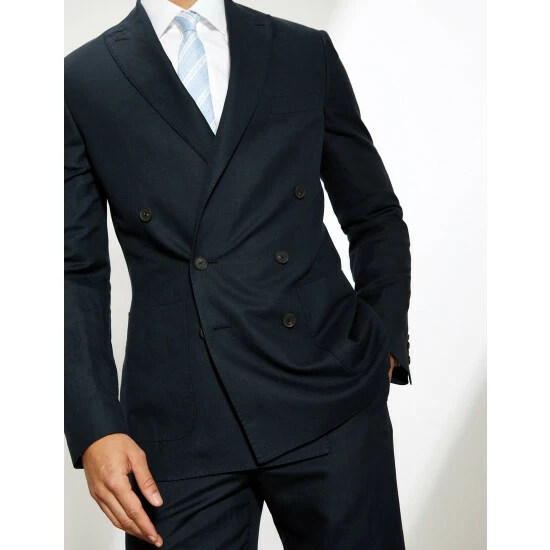 JAEGER Tailored Fit Silk And Linen Double Breasted Jacket Men Navy 8 JAEGER Tailored Fit Silk And Linen Double Breasted Jacket Men Navy - Image 8