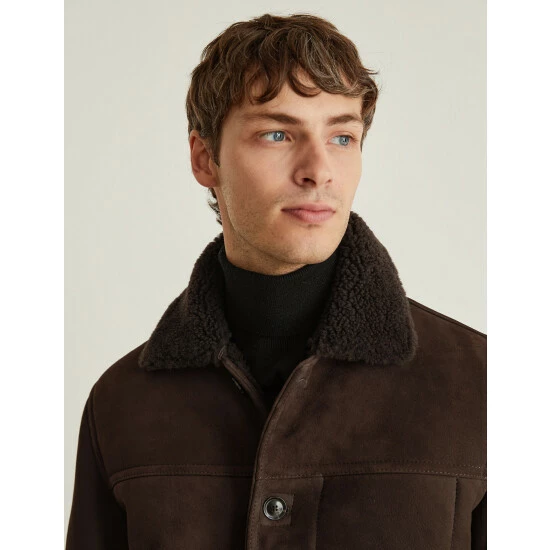 JAEGER Luxurious Leather Shearling Jacket Men Dark Brown 4 JAEGER Luxurious Leather Shearling Jacket Men Dark Brown - Image 4