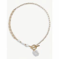 JAEGER Gold Tone Pearl T-Bar Chain Necklace Women