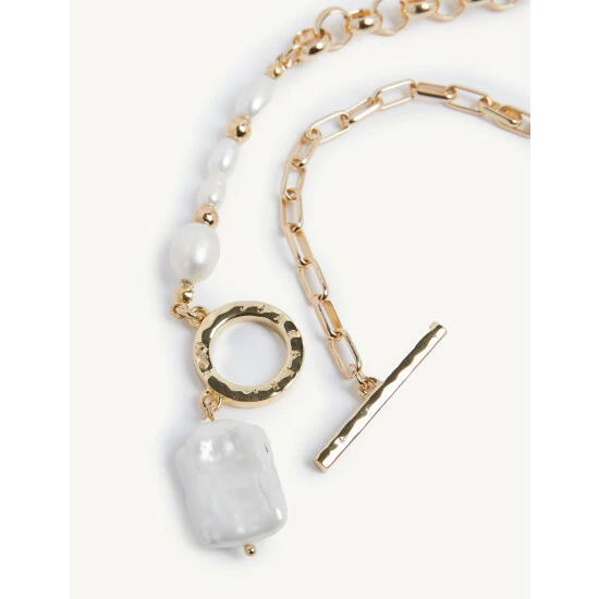 JAEGER Gold Tone Pearl T-Bar Chain Necklace Women 2 JAEGER Gold Tone Pearl T-Bar Chain Necklace Women - Image 2