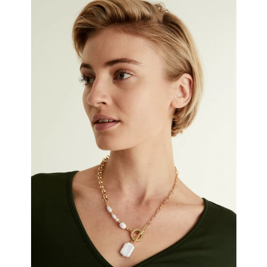 JAEGER Gold Tone Pearl T-Bar Chain Necklace Women 3 JAEGER Gold Tone Pearl T-Bar Chain Necklace Women - Image 3