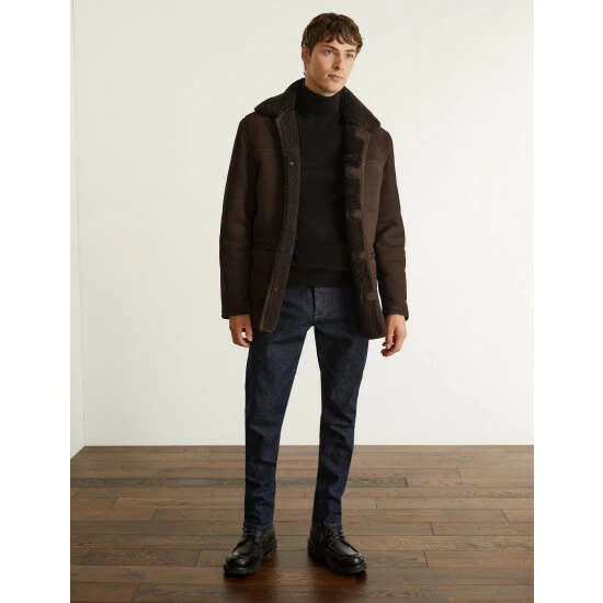 JAEGER Luxurious Leather Shearling Jacket Men Dark Brown 7 JAEGER Luxurious Leather Shearling Jacket Men Dark Brown - Image 7