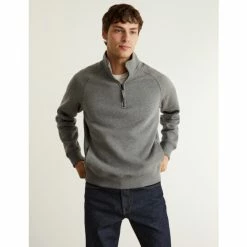 JAEGER Cotton With Wool Blend Funnel Neck Sweater Men Grey Marl