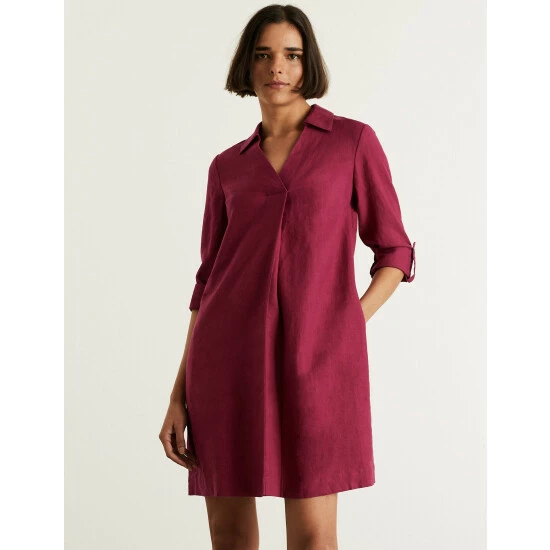 JAEGER Pure Linen V-Neck Knee Length Shift Dress Women Berry 1 JAEGER Pure Linen V-Neck Knee Length Shift Dress Women Berry