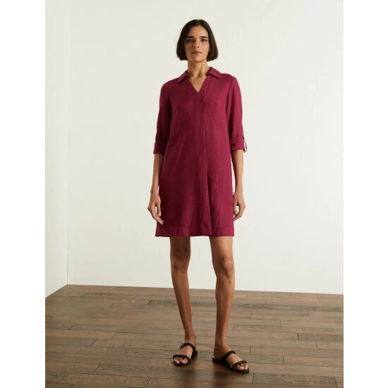 JAEGER Pure Linen V-Neck Knee Length Shift Dress Women Berry 6 JAEGER Pure Linen V-Neck Knee Length Shift Dress Women Berry - Image 6
