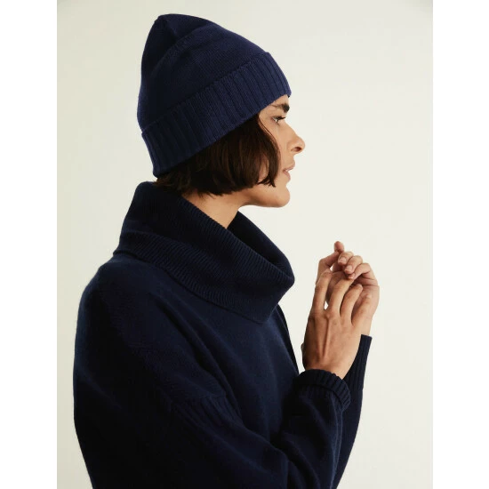 JAEGER Pure Wool Knitted Beanie Hat Women Navy 1 JAEGER Pure Wool Knitted Beanie Hat Women Navy