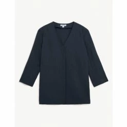 JAEGER Pure Linen V-Neck Top Women Navy