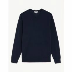 JAEGER Pure Extra Fine Merino Wool V-Neck Jumper Men Navy