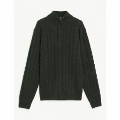 JAEGER Pure Lambswool Cable Half Jumper Men Taupe