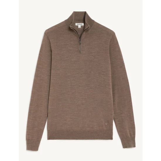 JAEGER Pure Extra Fine Merino Wool Half Zip Jumper Men Light Brown 1 JAEGER Pure Extra Fine Merino Wool Half Zip Jumper Men Light Brown