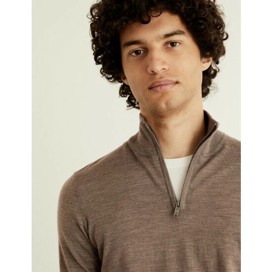 JAEGER Pure Extra Fine Merino Wool Half Zip Jumper Men Light Brown 2 JAEGER Pure Extra Fine Merino Wool Half Zip Jumper Men Light Brown - Image 2