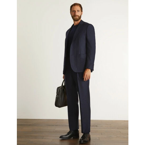 JAEGER Tailored Fit Wool Flannel Pinstripe Jacket Men Navy Marl 3 JAEGER Tailored Fit Wool Flannel Pinstripe Jacket Men Navy Marl - Image 3