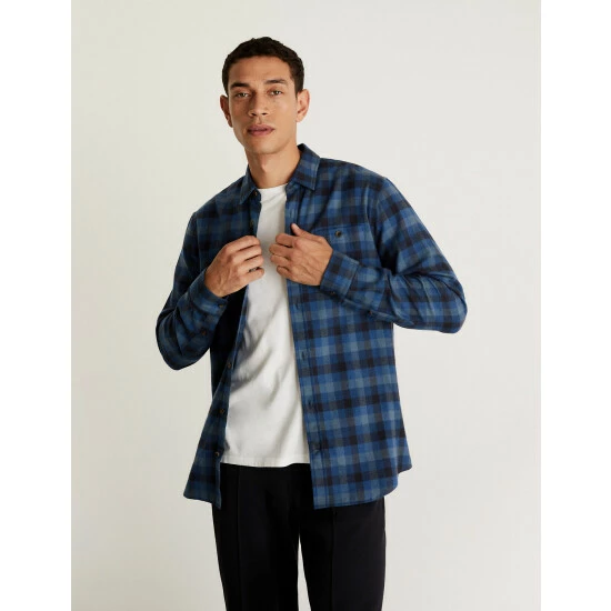 JAEGER Cotton With Wool Flannel Checked Shirt Men Blue 2 JAEGER Cotton With Wool Flannel Checked Shirt Men Blue - Image 2
