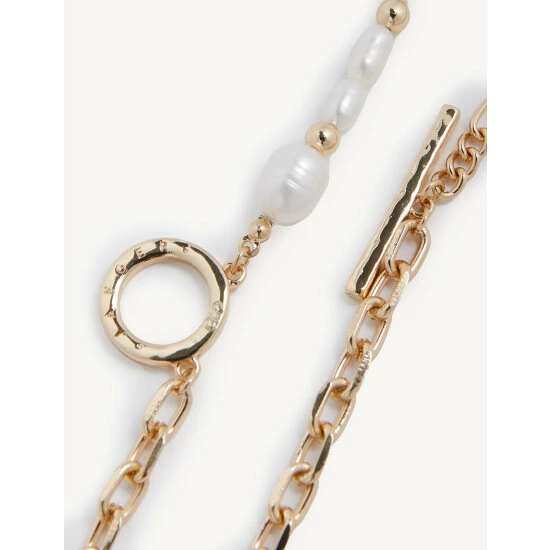 JAEGER Gold Tone Pearl T-Bar Chain Bracelet Women 2 JAEGER Gold Tone Pearl T-Bar Chain Bracelet Women - Image 2