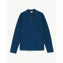 JAEGER Pure Cotton Tipped Long Sleeve Polo Shirt Men Blue